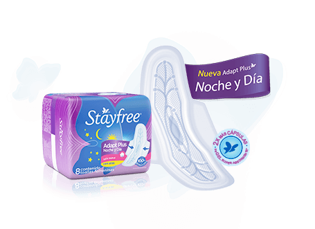 STAYFREE - Toallas femeninas STAYFREE - ADAPT PLUS - NOCHE Y DIA - TELA SUAVE con alas x 8