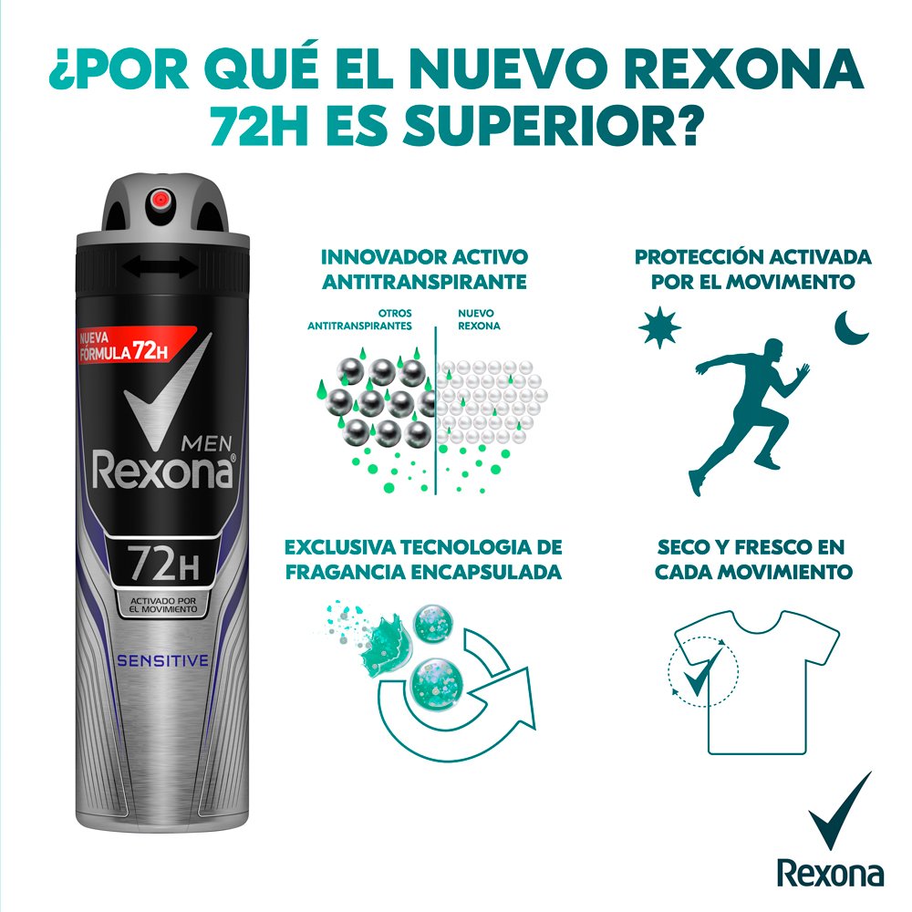 REXONA MEN - Aerosol antitranspirante ACTIVADO POR EL MOVIMIENTO - SENSITIVE 72H x 89 g / 150 mL