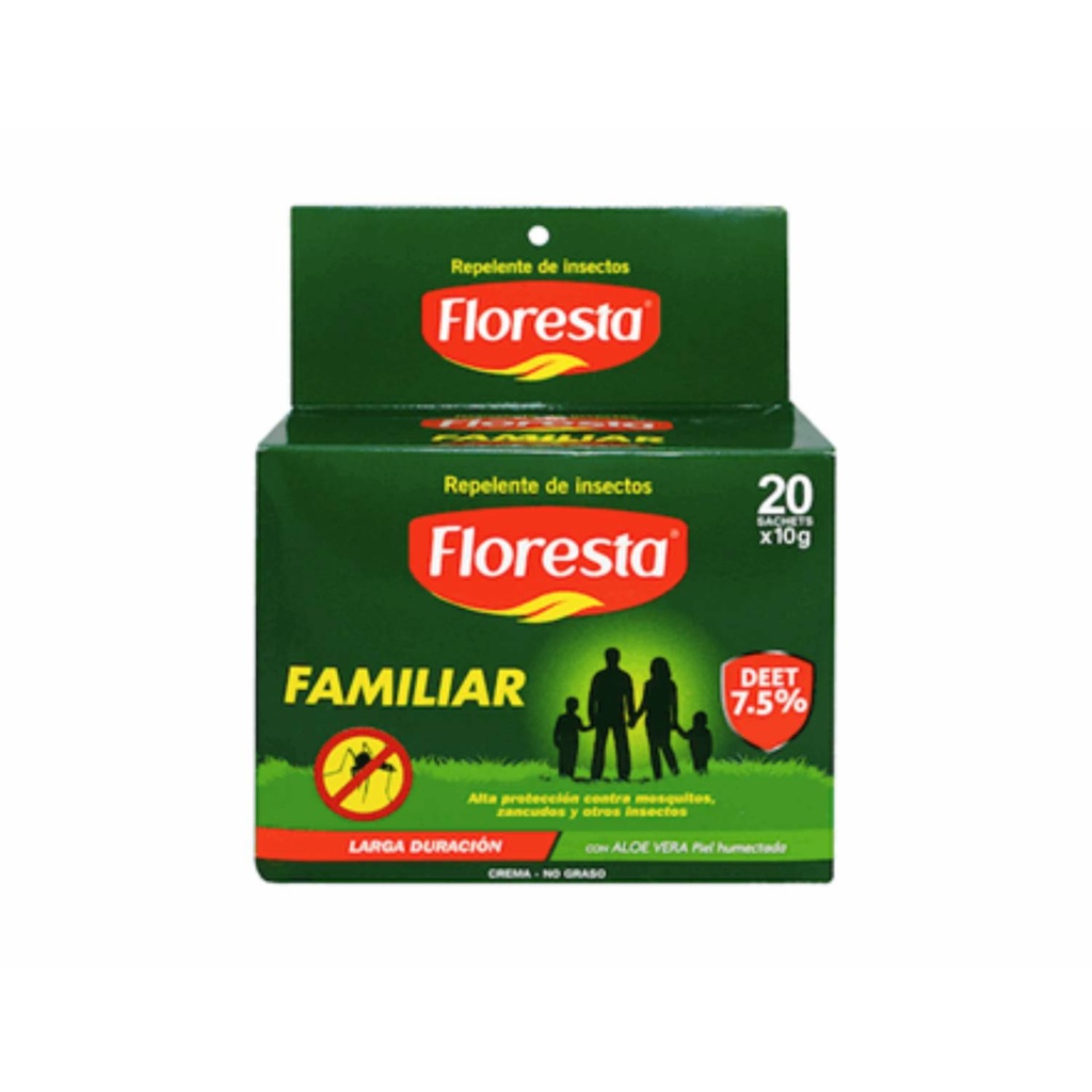 REPELENTE FLORESTA FAMILIAR - Crema - NO GRASO LARGA DURACION con ALOE VERA caja x 20 sachets - 10 mL