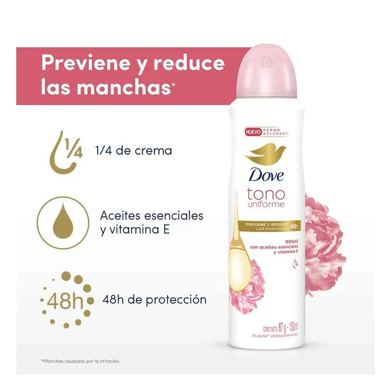 DOVE TONO UNIFORME - Aerosol antitranspirante - 1/4 CREMA HUMECTANTE 48H - TONO UNIFORME - ROSAS CON ACEITES ESENCIALES Y VITAMINA E x 87 g / 150 mL