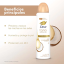 DOVE TONO UNIFORME - Aerosol antitranspirante - 1/4 CREMA HUMECTANTE 48H - PREVIENE Y REDUCE LAS MANCHAS - COCO CON ACEITES ESENCIALES Y VITAMINA E x 87 g / 150 mL