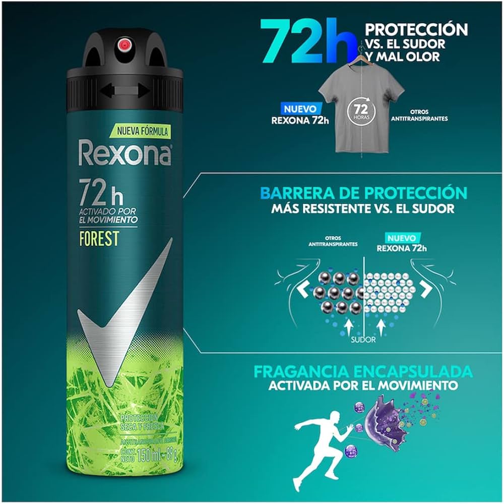 REXONA - Aerosol antitranspirante ACTIVADO POR EL MOVIMIENTO - FOREST 72 h x 89 g / 150 mL