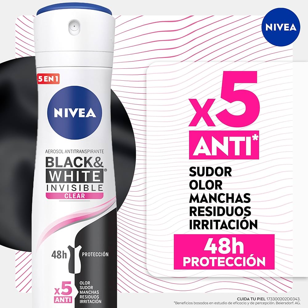 NIVEA - Aerosol antitranspirante BLACK &amp; WHITE INVISIBLE CLEAR X5 ANTI 48h - 48h x 89 g / 150 mL