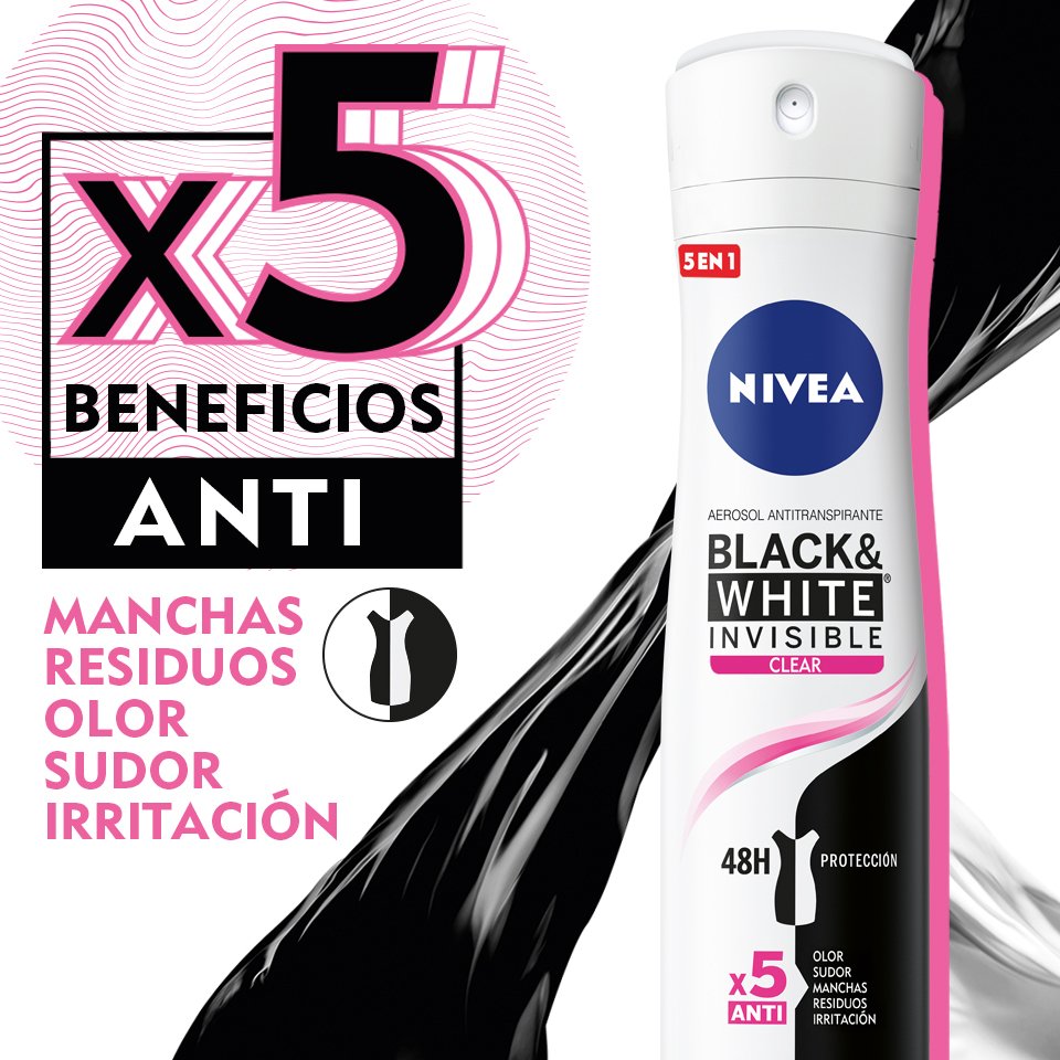 NIVEA - Aerosol antitranspirante BLACK &amp; WHITE INVISIBLE CLEAR X5 ANTI 48h - 48h x 89 g / 150 mL