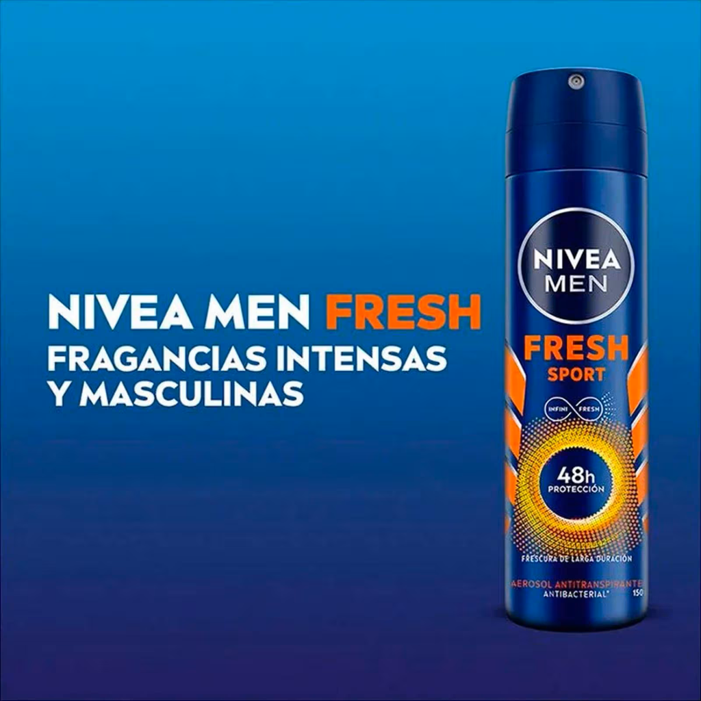 NIVEA MEN - Aerosol antitranspirante antibacterial FRESH SPORT - INFINI FRESH - 48h PROTECCION x 91 g / 150 mL