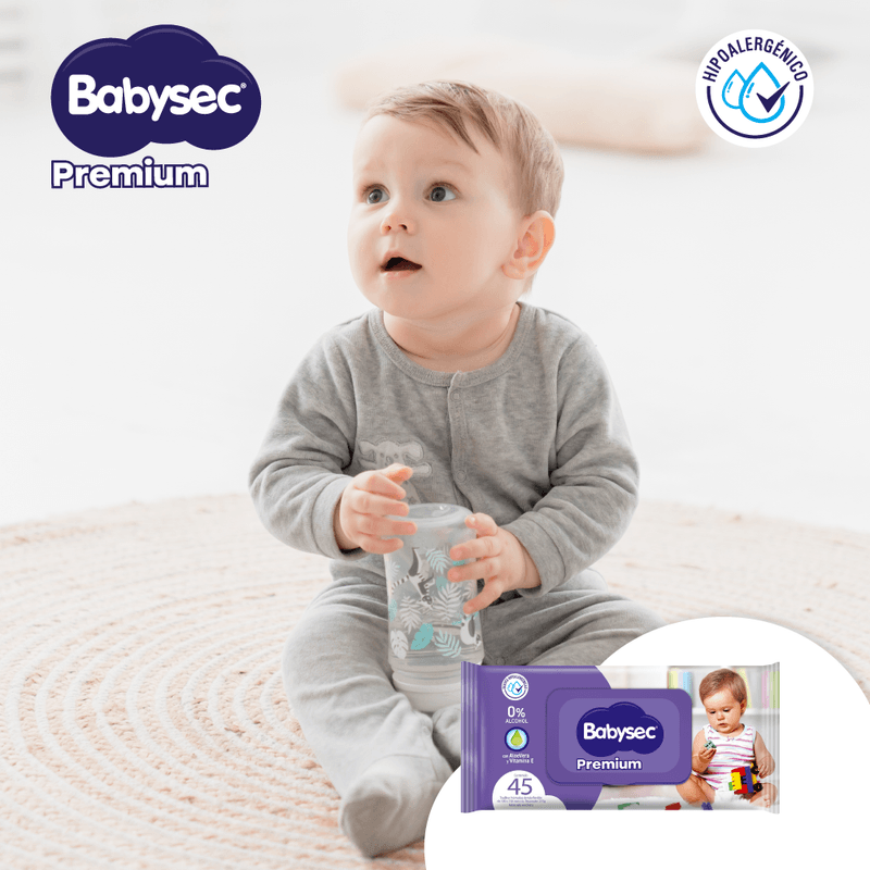 BABYSEC PREMIUM - Toallitas humedas de tela flexible CON ALOE VERA Y VITAMINAS E - 0% ALCOHOL x 45 unidades