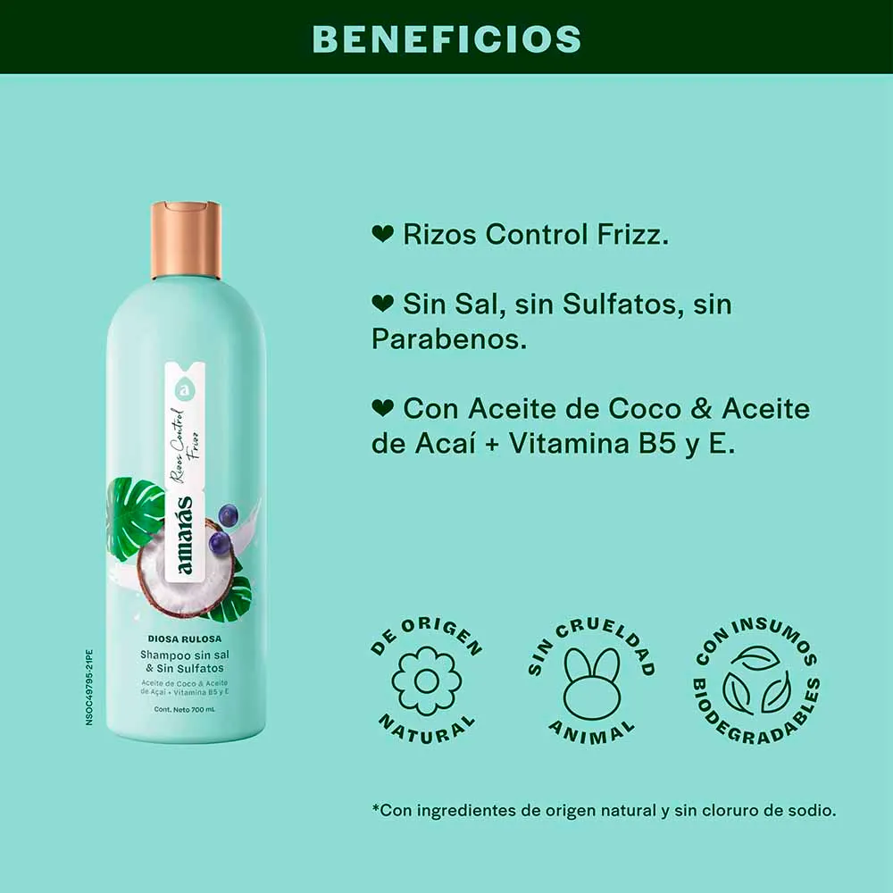 AMARAS - Shampoo sin sal &amp; sin sulfatos RISOS CONTROL FRIZZ - DIOSA RULOSA  x 700 mL