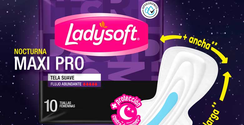 LADYSOFT - Toallas femeninas LADYSOFT - NOCTURNA MAXI PRO - TELA SUAVE - FLUJO ABUNDANTE x 10 unidades