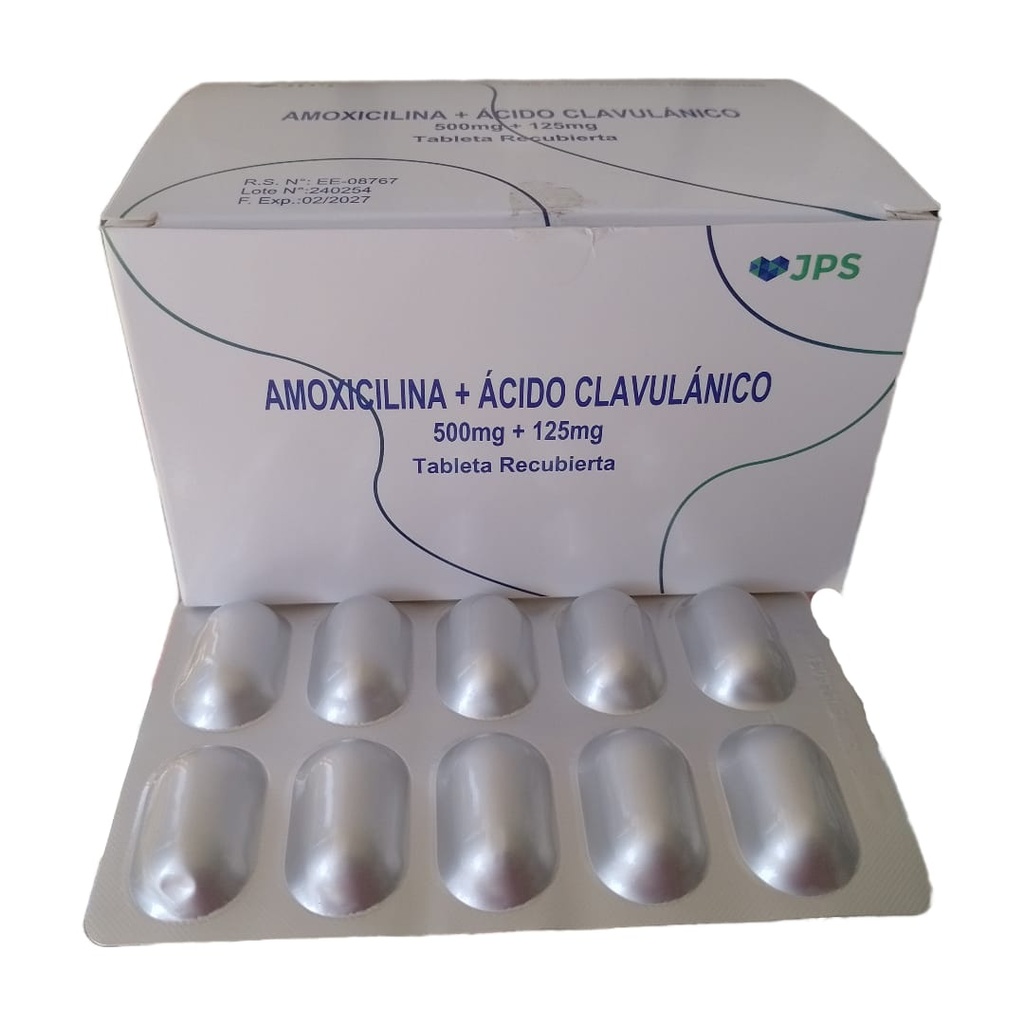 AMOXICILINA + ACIDO CLAVULANICO JPS - Tabletas recubiertas caja x 10 - 500 mg + 125 mg