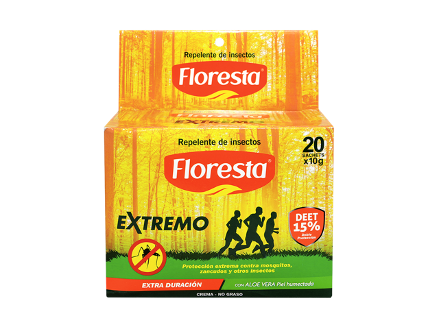 REPELENTE FLORESTA EXTREMO - Crema - NO GRASO EXTRA DURACION con ALOE VERA caja x 20 sachets - 10 mL