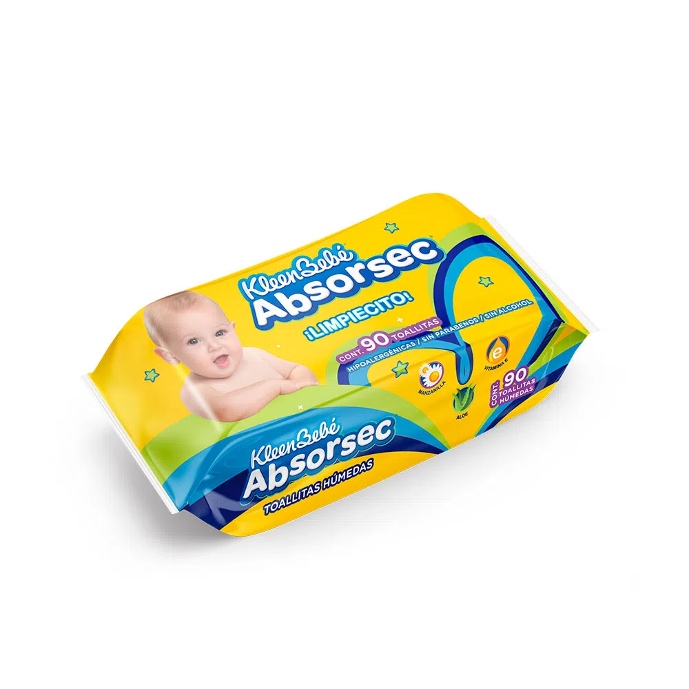 KLEEN BEBE - Toallitas humedas ABSORSEC - Hipoalergenicas - Sin parabenos - Sin alcohol x 90