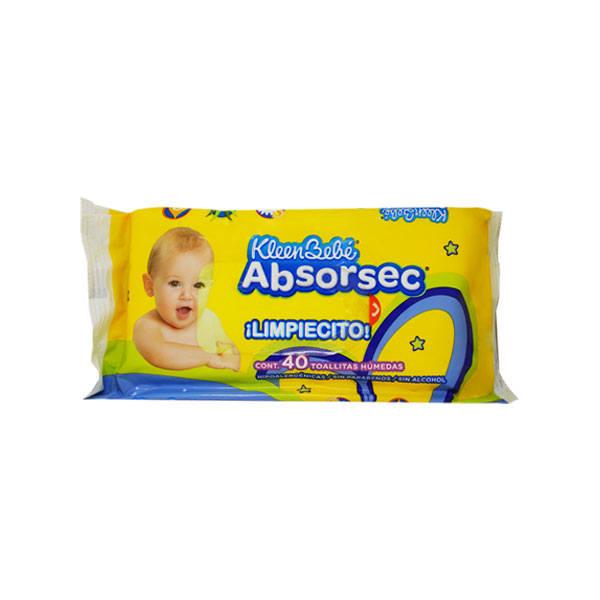 KLEEN BEBE - Toallitas humedas ABSORSEC - Hipoalergenicas - Sin parabenos - Sin alcohol x 40