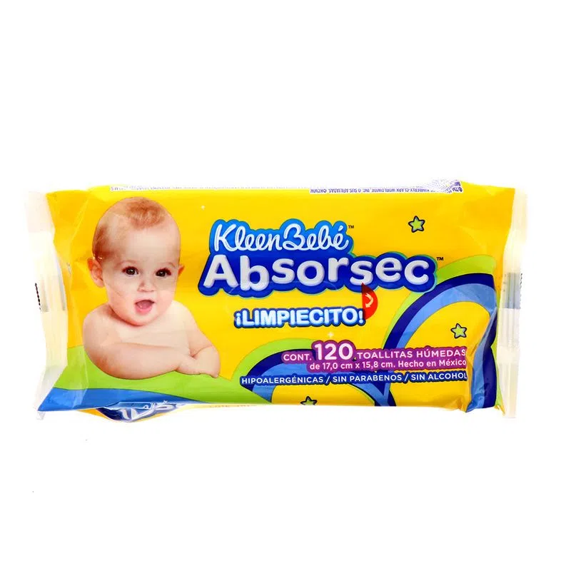 KLEEN BEBE - Toallitas humedas ABSORSEC - Hipoalergenicas - Sin parabenos - Sin alcohol x 120