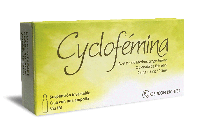 CYCLOFEMINA - Suspension inyectable ampolla via I.M. caja x 1 - 25 mg + 5 mg / 0.5 mL