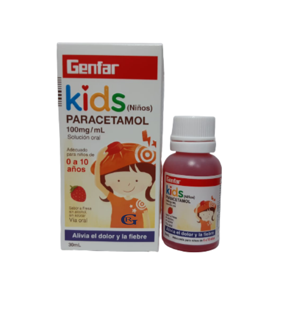 PARACETAMOL KIDS GENFAR - Jarabe SABOR FRESA Y CEREZA 2+ x 90 mL - 160 mg / 5 mL