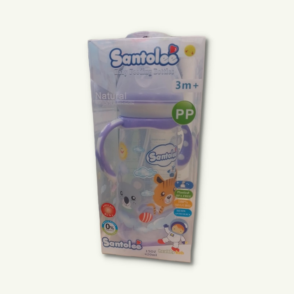 SANTOLEE - Biberon de alimentacion decorado con asas - CON TETINA ANTICOLICA - 3+ - 14 oz / 420 mL (copiar)