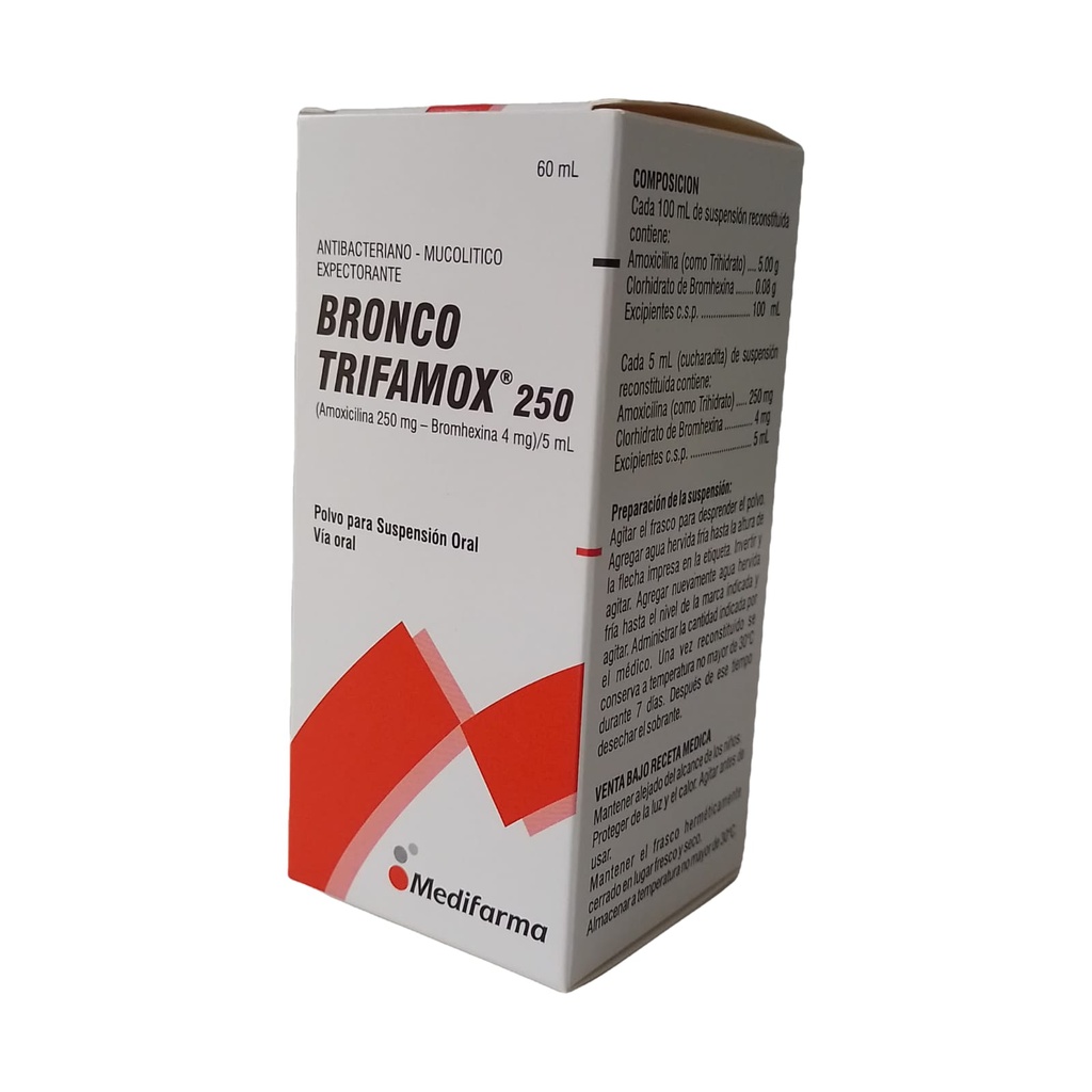 BRONCO TRIFAMOX 250 - Polvo para suspension oral x 60 mL - 250 mg + 4 mg / 5 mL