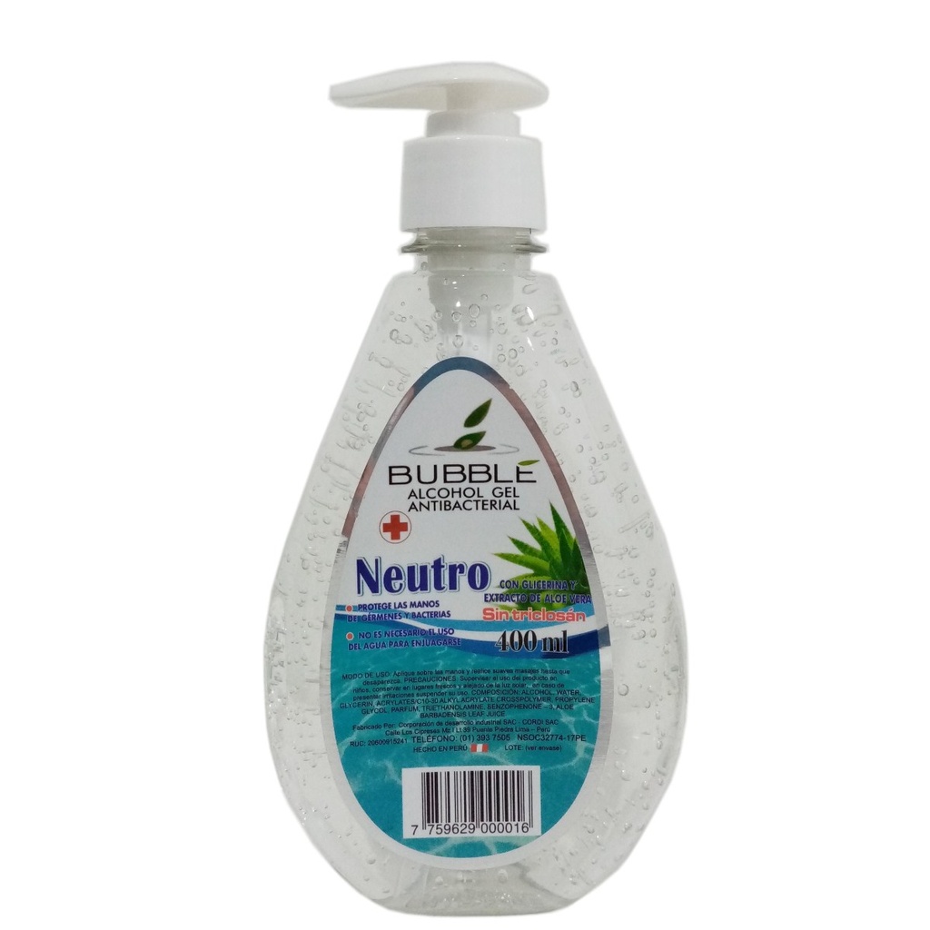 BUBBLE - Alcohol en gel antibacterial NEUTRO x 400 mL