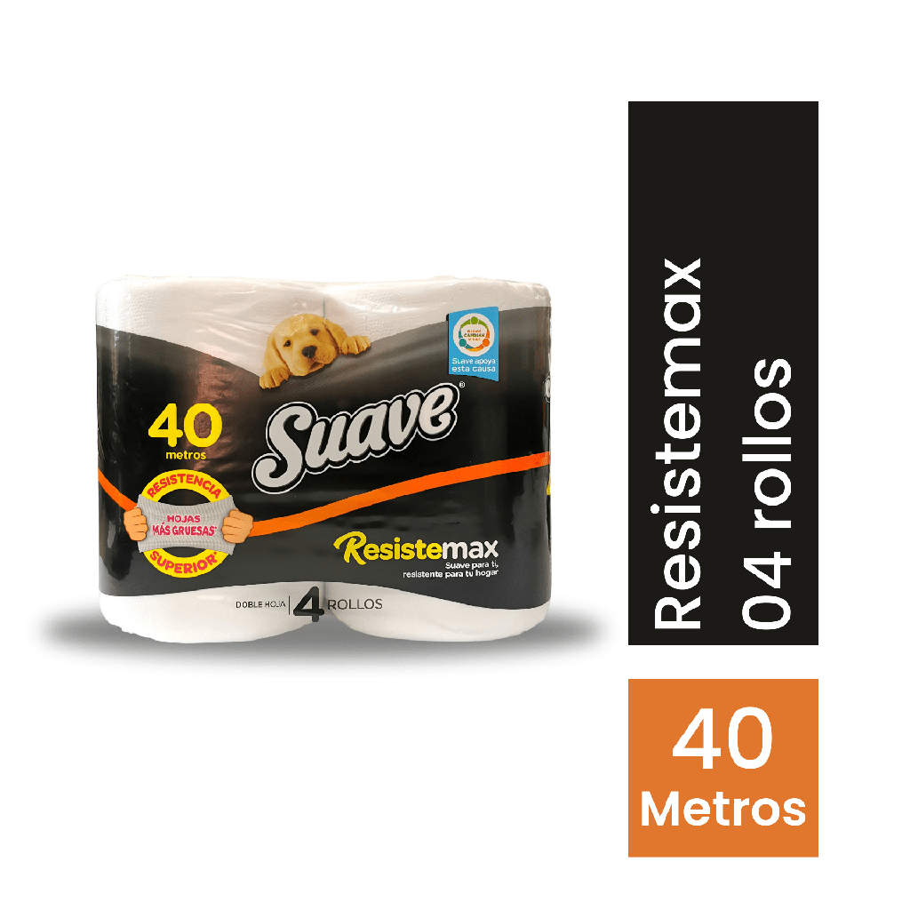 SUAVE - Papel higienico RESISTEMAX - DOBLE HOJA 40 metros x 4 ROLLOS