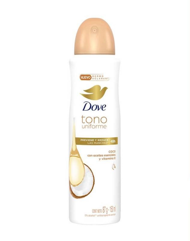 DOVE TONO UNIFORME - Aerosol antitranspirante - 1/4 CREMA HUMECTANTE 48H - PREVIENE Y REDUCE LAS MANCHAS - COCO CON ACEITES ESENCIALES Y VITAMINA E x 87 g / 150 mL