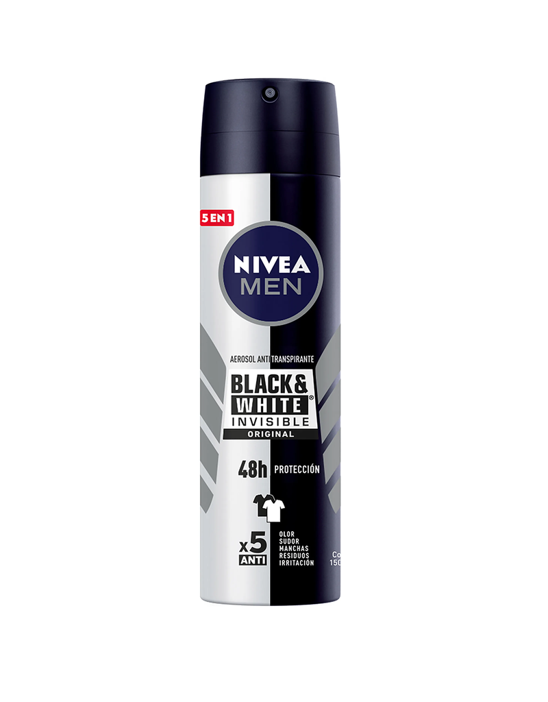 NIVEA MEN - Aerosol antitranspirante BLACK &amp; WHITE INVISIBLE - ORIGINAL - 48h PROTECCION - x5 ANTI x 91 g / 150 mL