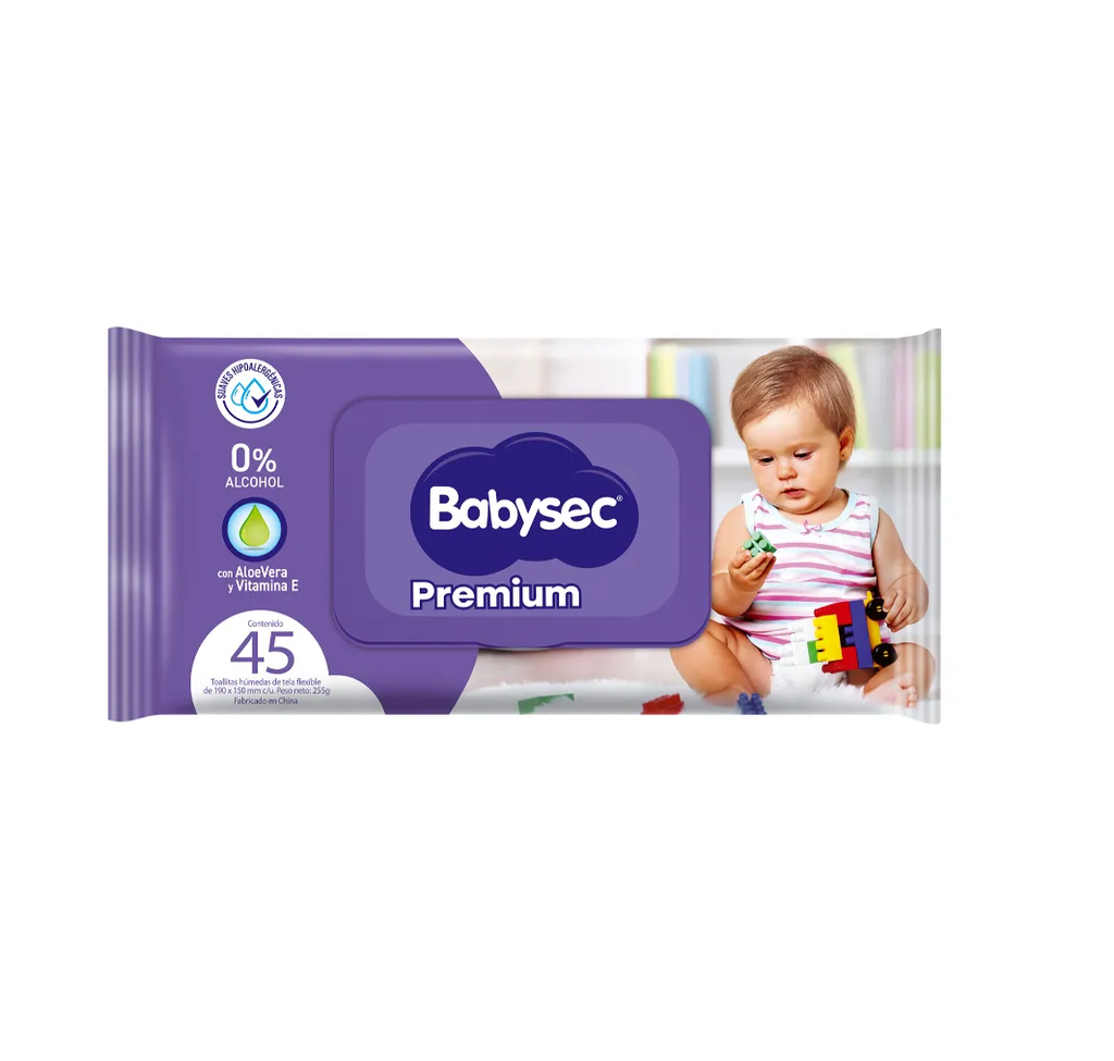 BABYSEC PREMIUM - Toallitas humedas de tela flexible CON ALOE VERA Y VITAMINAS E - 0% ALCOHOL x 45 unidades