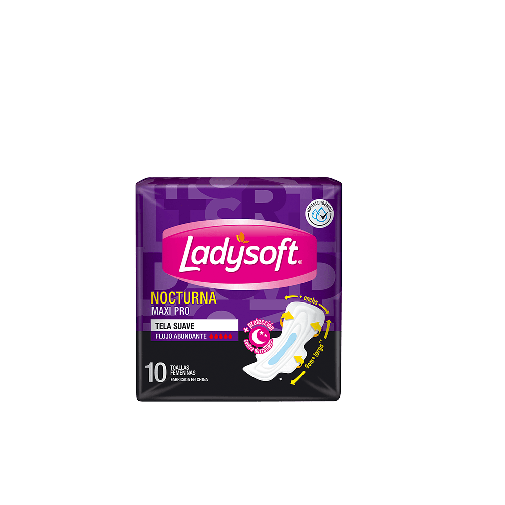 LADYSOFT - Toallas femeninas LADYSOFT - NOCTURNA MAXI PRO - TELA SUAVE - FLUJO ABUNDANTE x 10 unidades