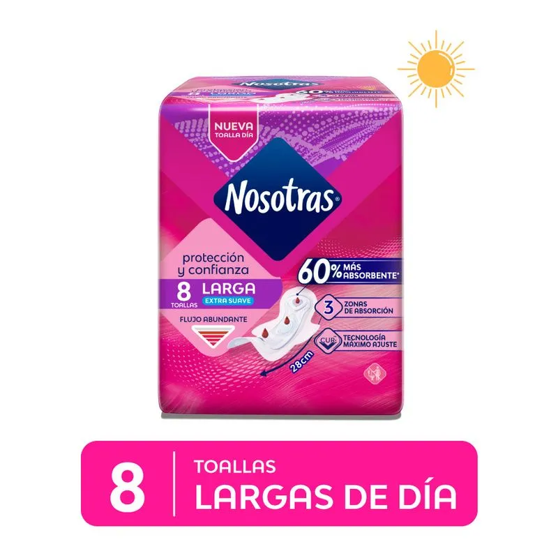 NOSOTRAS - Toallas higienicas NOSOTRAS - TOALLA DIA - LARGA EXTRA SUAVE - FLUJO ABUNDANTE x 8 unidades