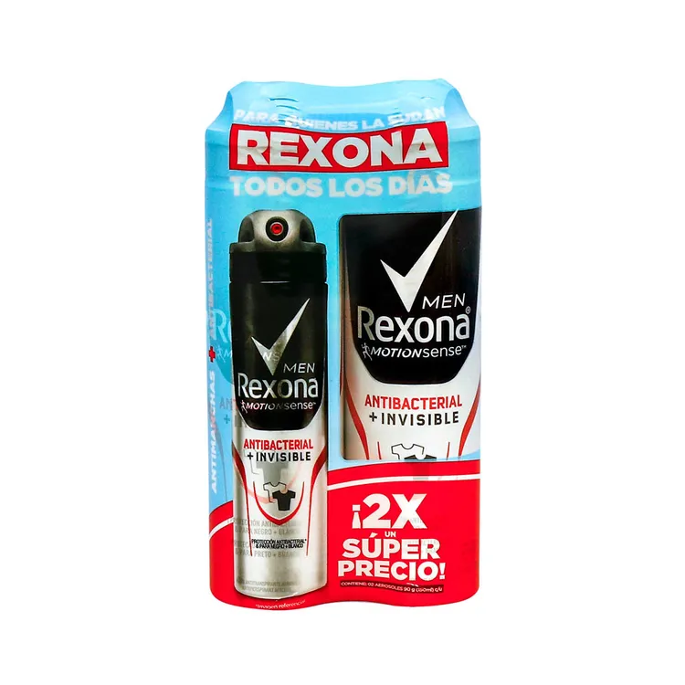 2X SUPER PRECIO REXONA MEN - Aerosol antitranspirante MOTION SENSE - ANTIBACTERIAL + INVISIBLE 48 HRS x 90 g / 150 mL x 2 unidades