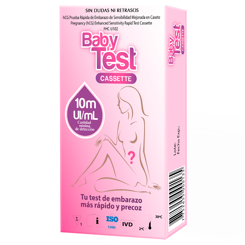 BABY TEST CASSETTE - hCG Prueba Rapida de Embarazo de Sensibilidad Mejorada en Cassette - 10 m UI / mL - FHC - U102