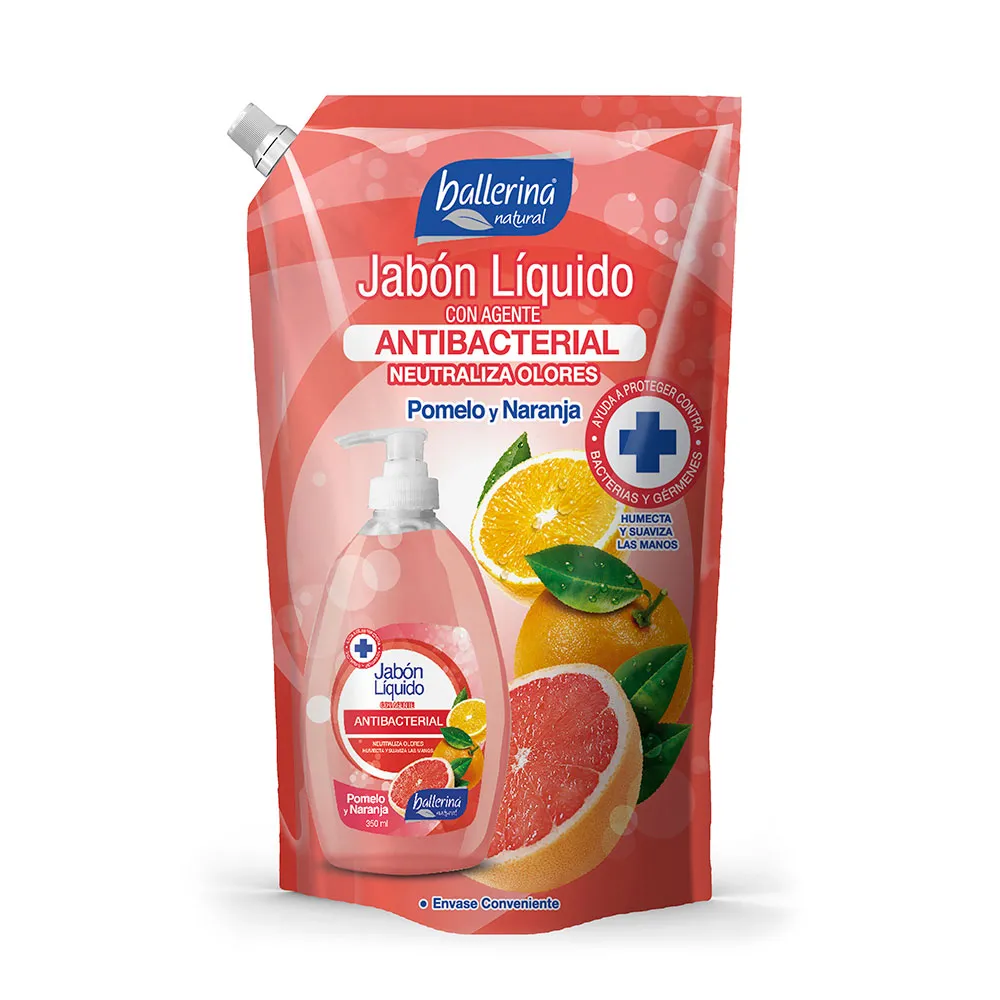 BALLERINA NATURAL - Jabon liquido con agente antibacterial POMELO Y NARANJA x 900 mL