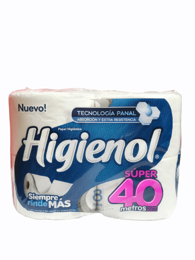 HIGIENOL - Papel higienico TECNOLOGIA PANAL - DOBLE HOJA SUPER 40 metros x 4 ROLLOS