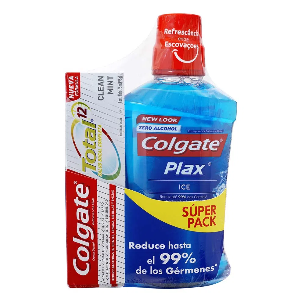 SUPER PACK COLGATE - Enjuague Bucal COLGATE PLAX - ICE x 500 mL + Crema Dental COLGATE TOTAL 12 - CLEAN MINT x 96 g