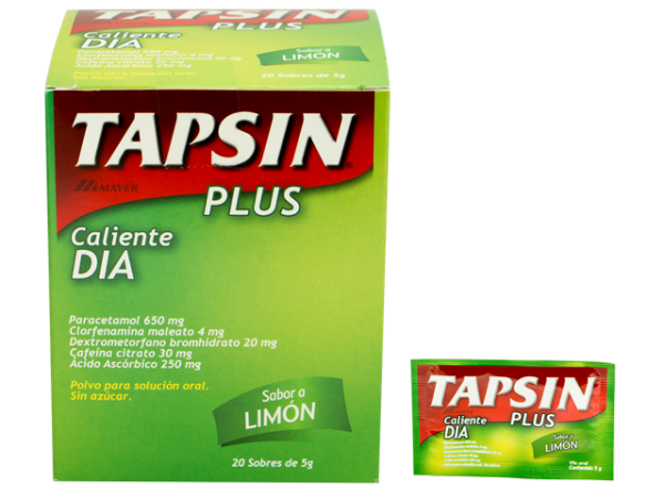 TAPSIN PLUS CALIENTE DIA - Sob. x 5 g - caja x 60 - SABOR LIMON - 650 mg + 4 mg + 30 mg + 250 mg