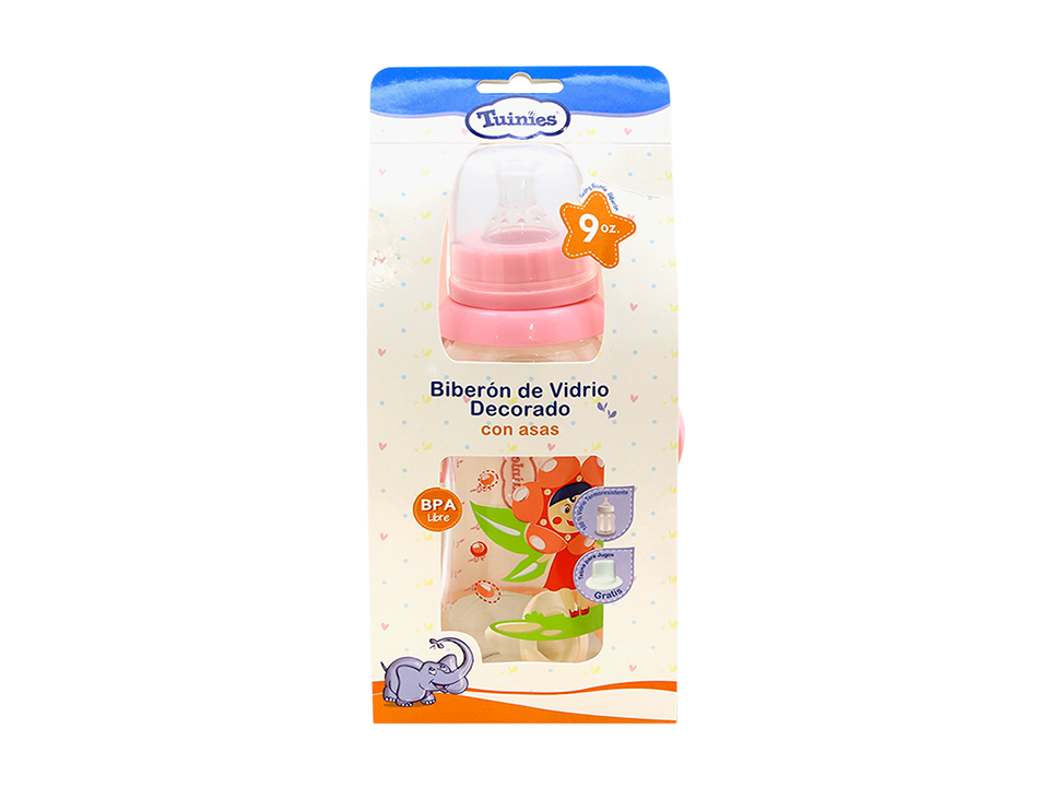 TUINIES - Biberon de vidrio decorado con asas - 9 OZ