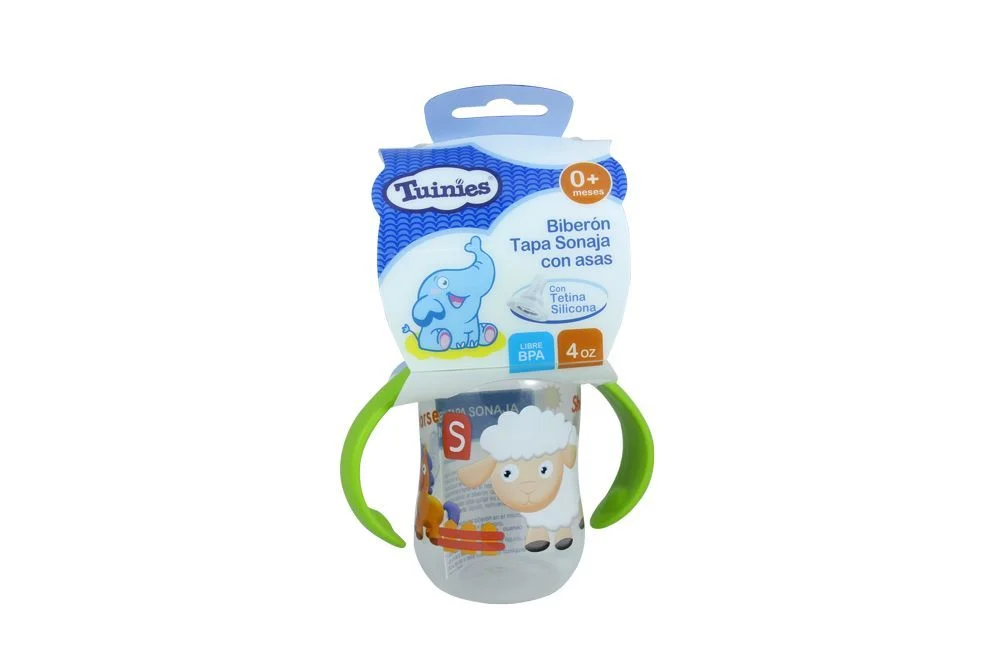 TUINIES - Biberon tapa sonaja con asas - CON TETINA SILICONA - 0+ / 4 oz