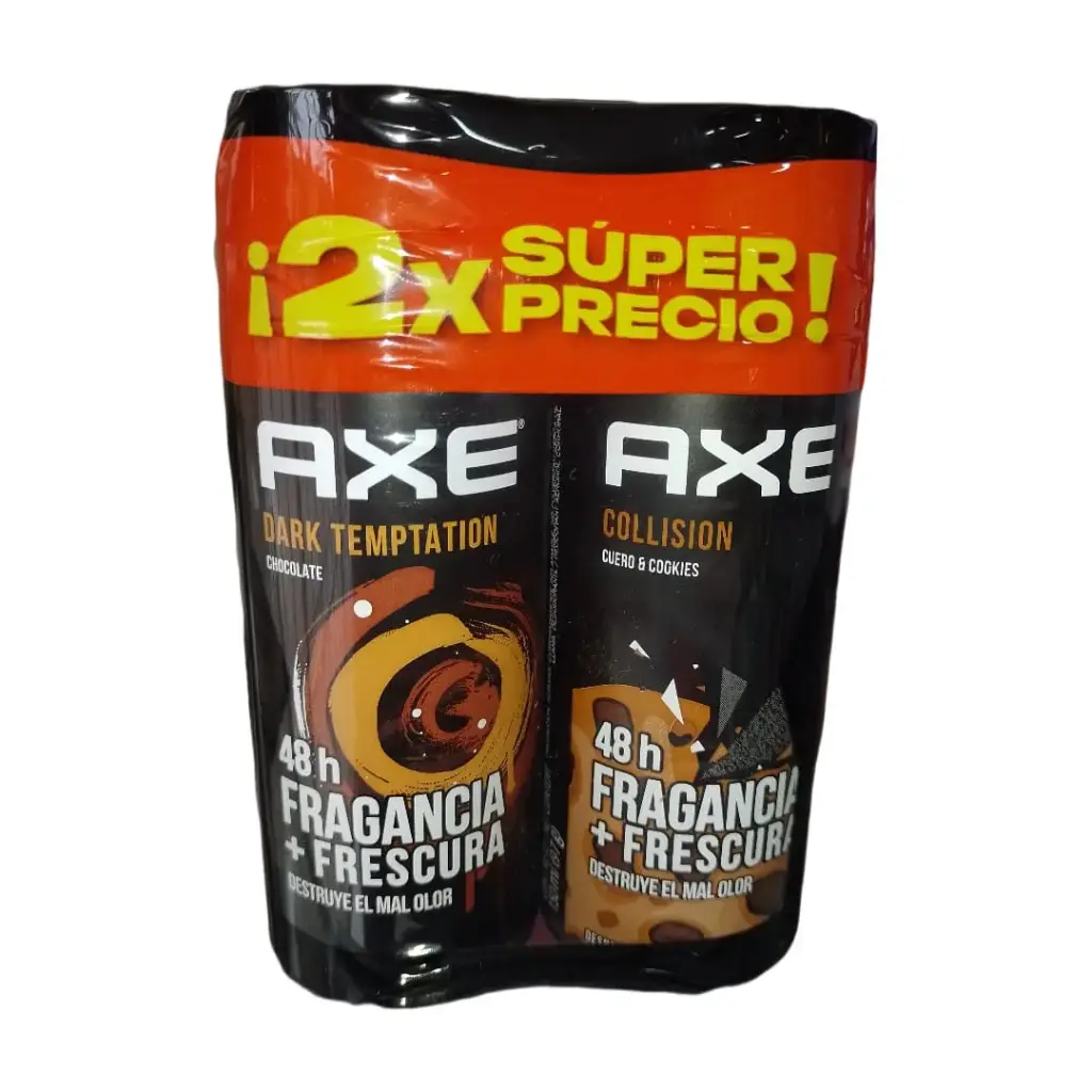 2X SUPER PRECIO AXE - Desodorante corporal en spray DARK TEMPTATION CHOCOLATE 48h FRAGANCIA + FRESCURA + Desodorante corporal en spray COLLISION CUERO & COOKIES 48h FRAGANCIA + FRESCURA x 97 g / 150 mL