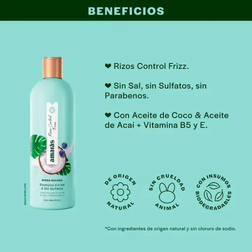 [AMARAS] AMARAS - Shampoo sin sal & sin sulfatos RISOS CONTROL FRIZZ - DIOSA RULOSA  x 700 mL